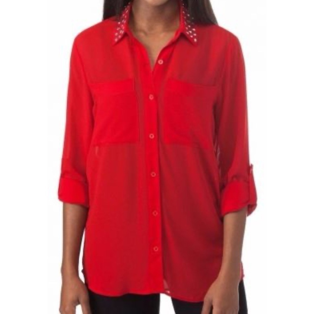 Michael Kors Georgette Studded Collar Roll Tab Sleeve Button Down Blouse Red